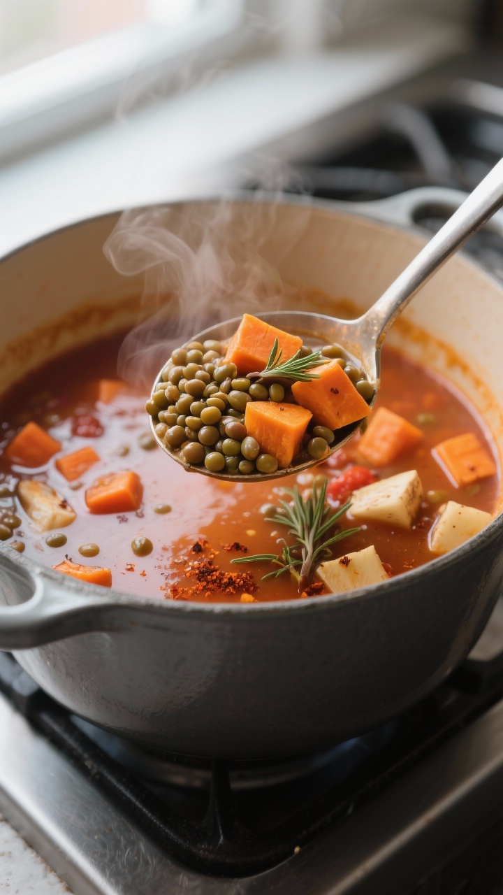 Close-up detail: A ladle lifting simmering lentil and root vegetable soup from a heavy Dutch oven, s