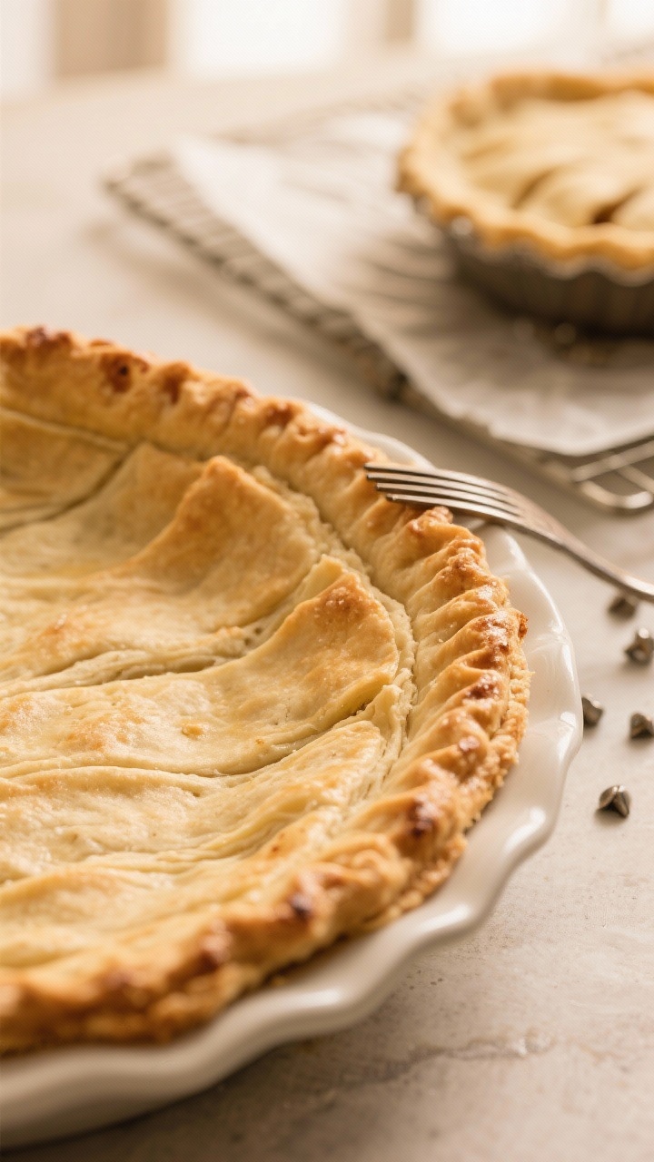 Close-up detail: A partially blind-baked pie crust just out of the oven, golden edges with tiny blis