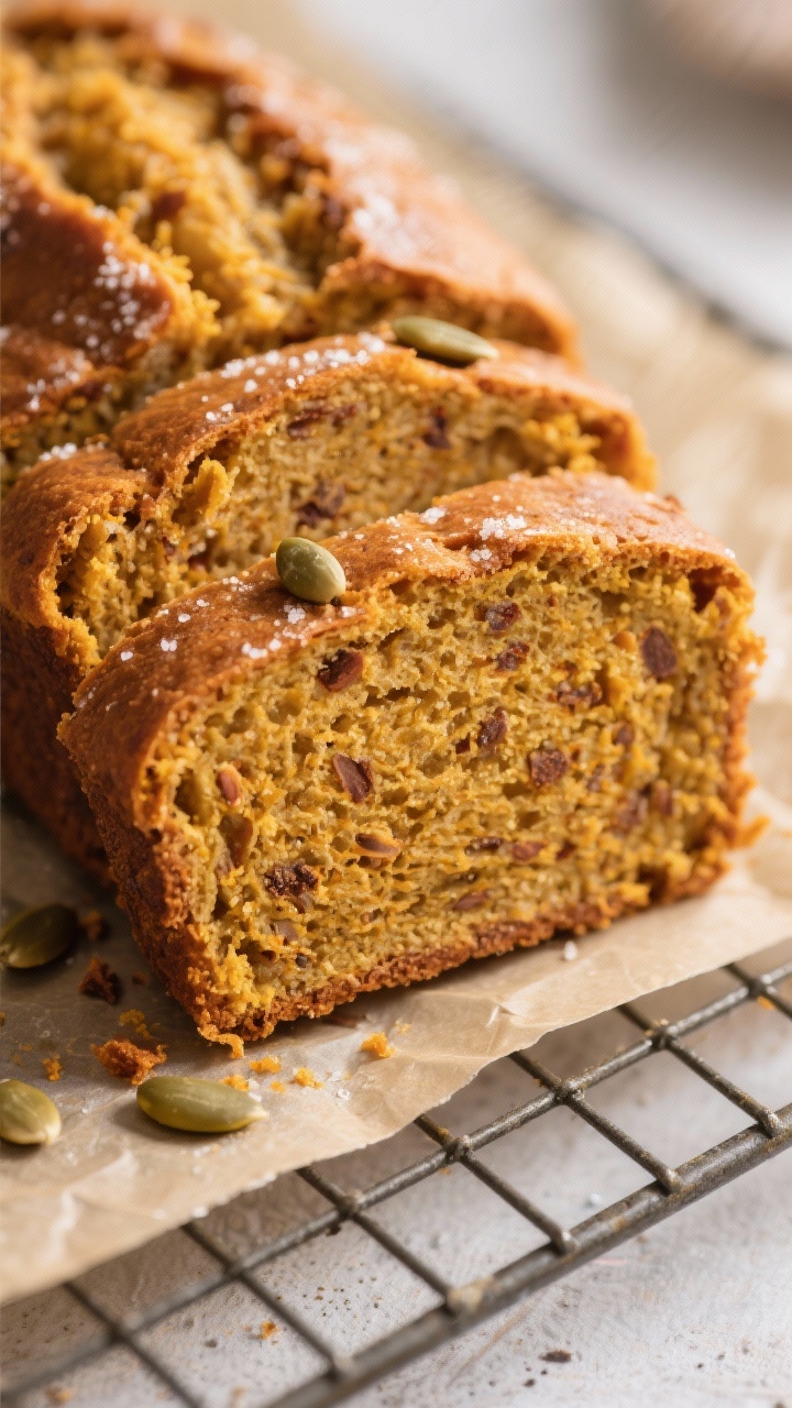 Close-up detail: A sliced loaf of classic pumpkin bread on a cooling rack, crumb still slightly warm