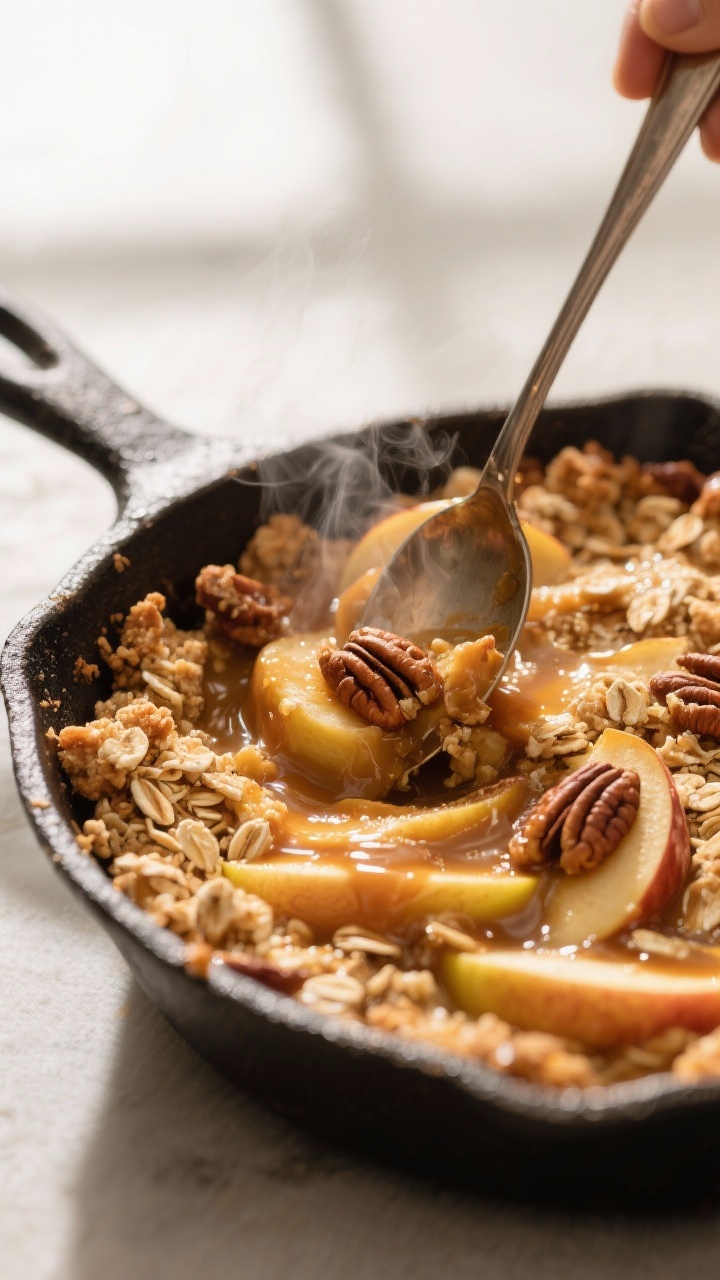 Close-up detail: A spoon breaking through the deep-golden oat crumble topping of a freshly baked car