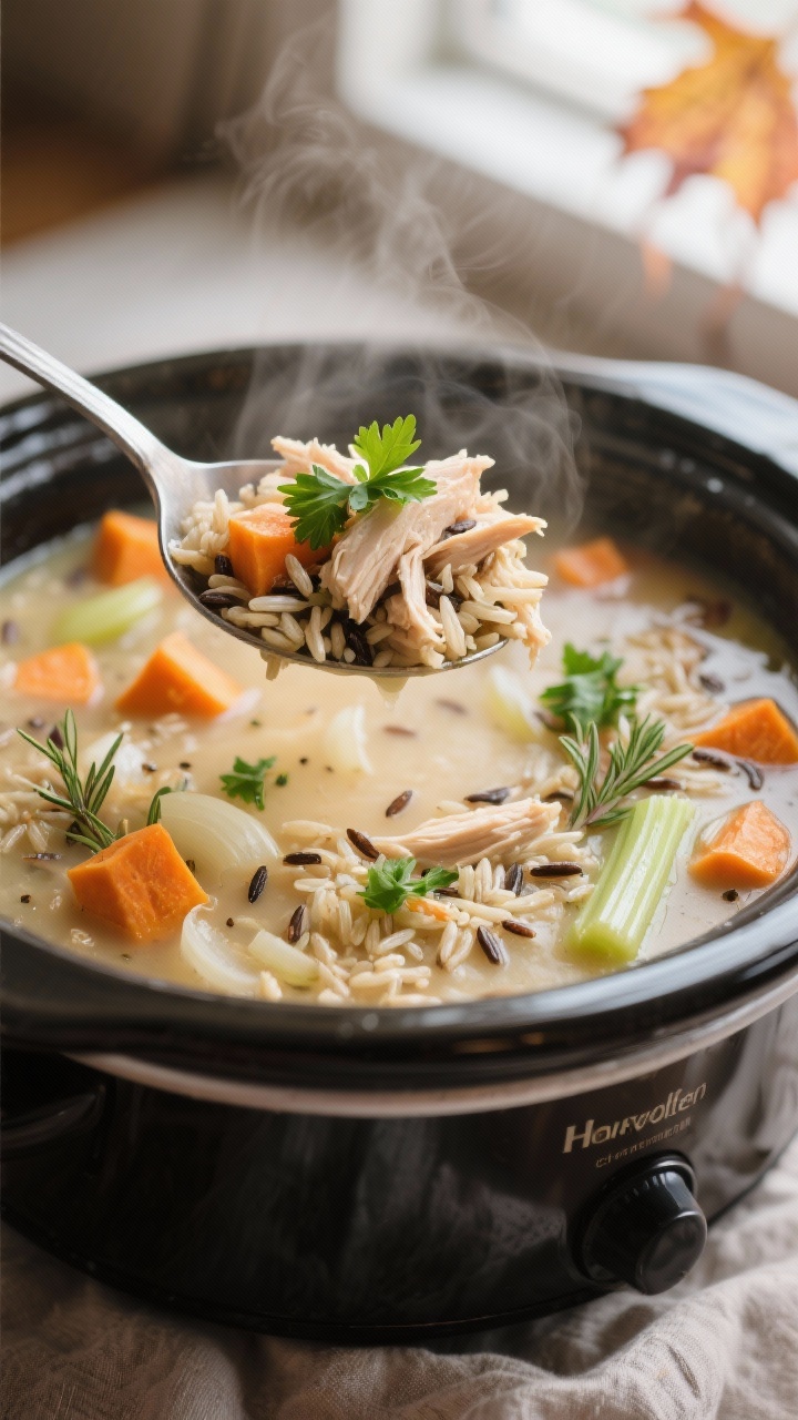 Close-up detail: A spoon lifting tender shredded chicken and wild rice from a steamy, finished Crock