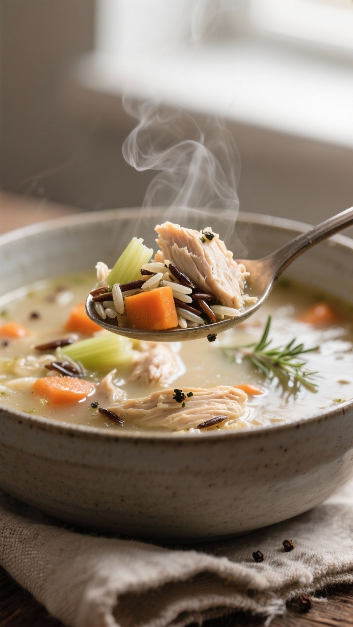 Close-up detail: A spoonful of slow cooker chicken and wild rice soup lifted from a matte ceramic bo