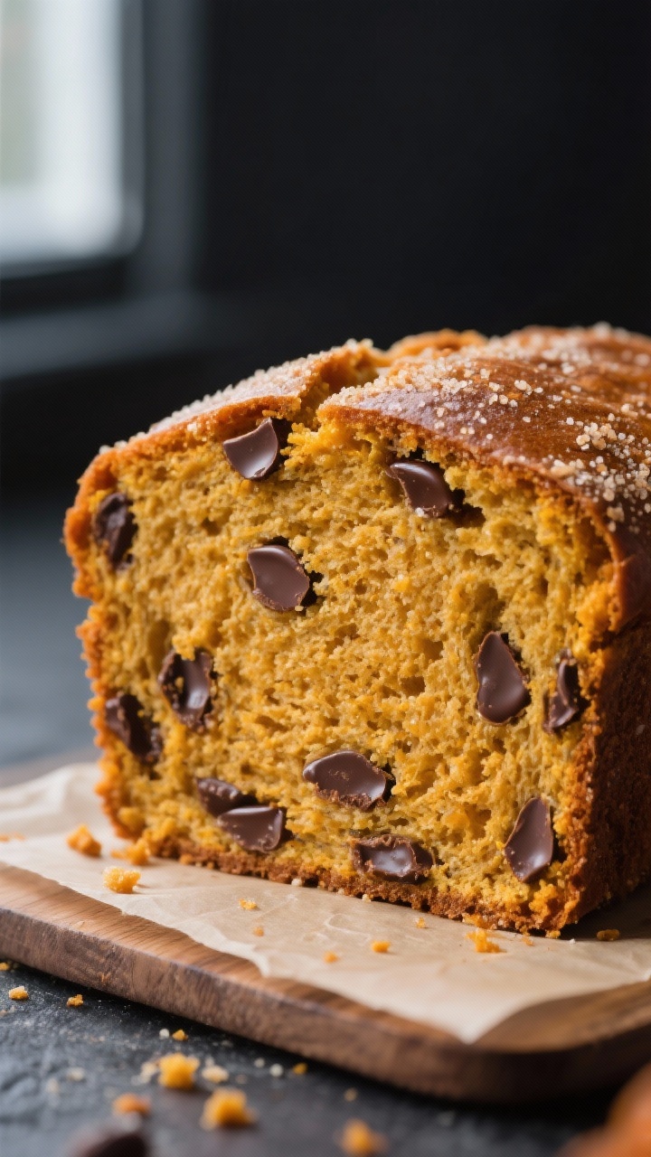Close-up detail: A thick slice of chocolate chip pumpkin bread just cut, showing a plush, ultra-mois