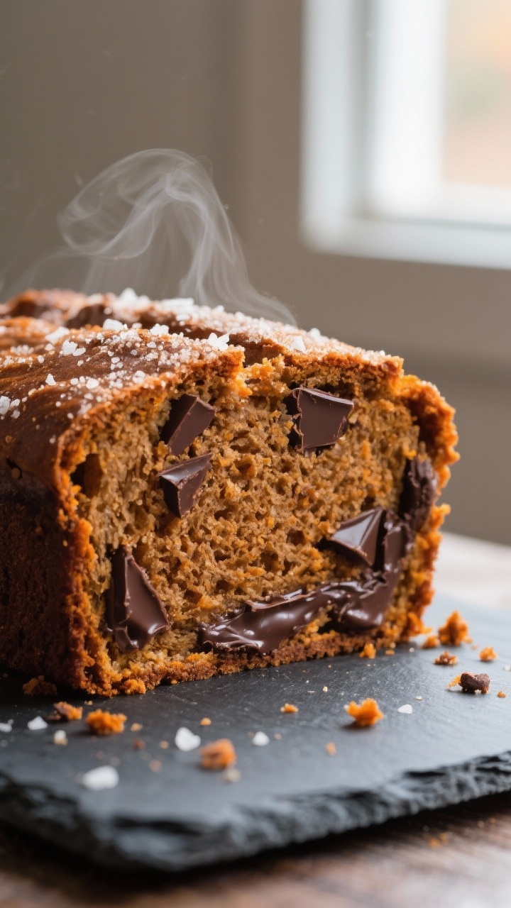 Double Chocolate Pumpkin Bread for the Ultimate Treat: The Cozy Loaf That Eats Like Dessert and Smells Like a Hug Close-up detail: A thick slice of double chocolate pumpkin bread just cut, showing a moist, fudgy cr