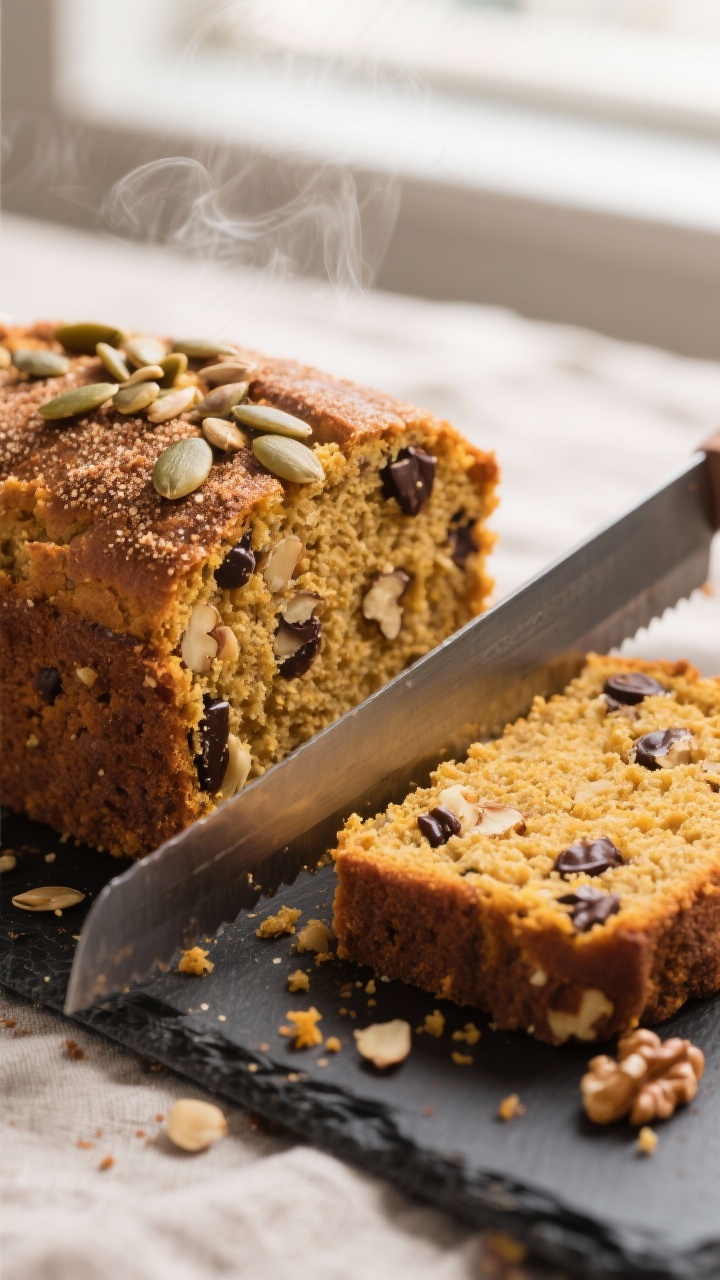 Gluten-Free Pumpkin Bread Made with Almond Flour: The Cozy Loaf You’ll Brag About All Season Close-up detail: A thick slice of gluten-free pumpkin bread made with almond flour, just cut with a