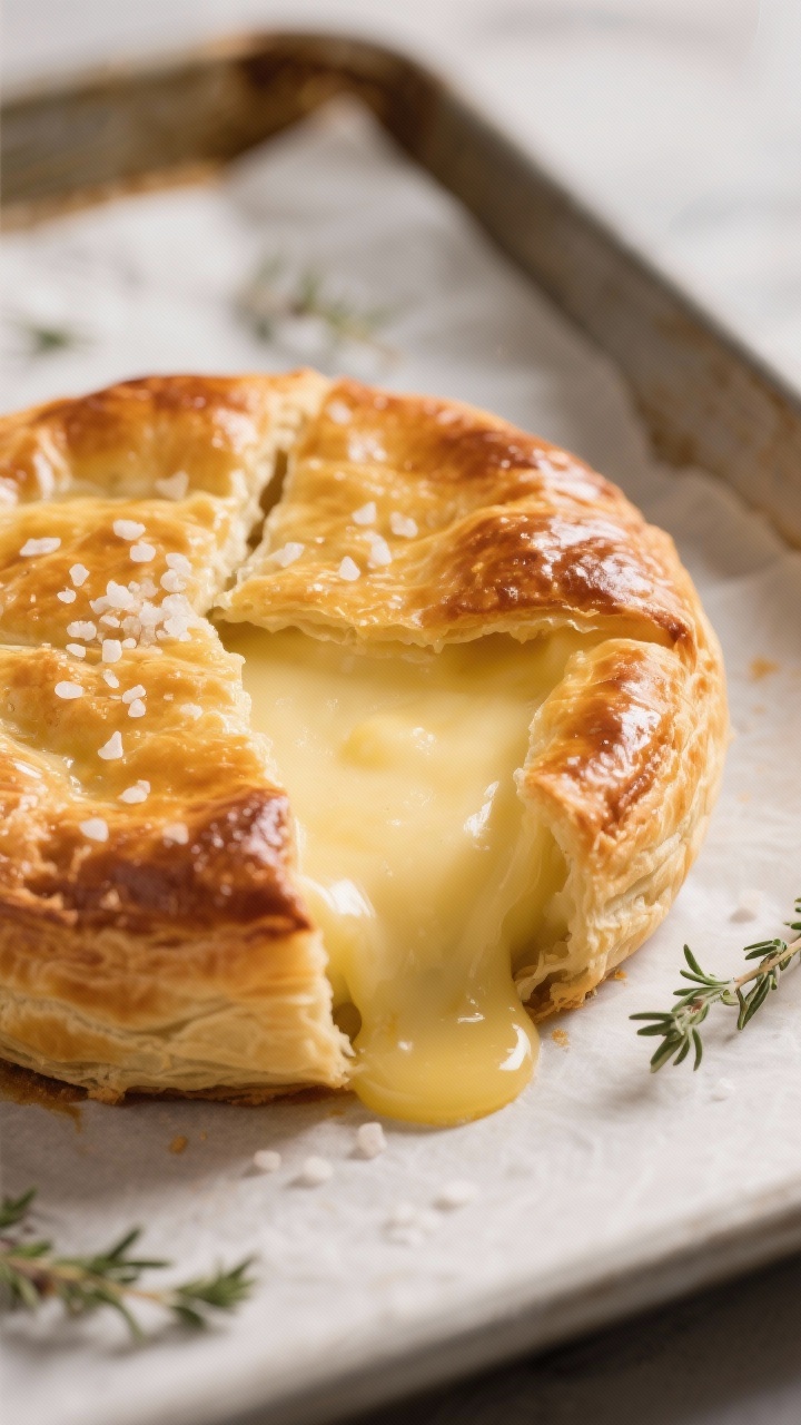 Close-up detail: Baked brie in golden, deeply puffed pastry just out of the oven, surface brushed wi
