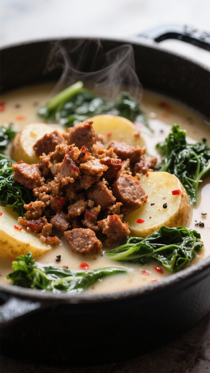 Close-up detail: Crispy browned Italian sausage crumbles with caramelized edges nestled in a silky, 