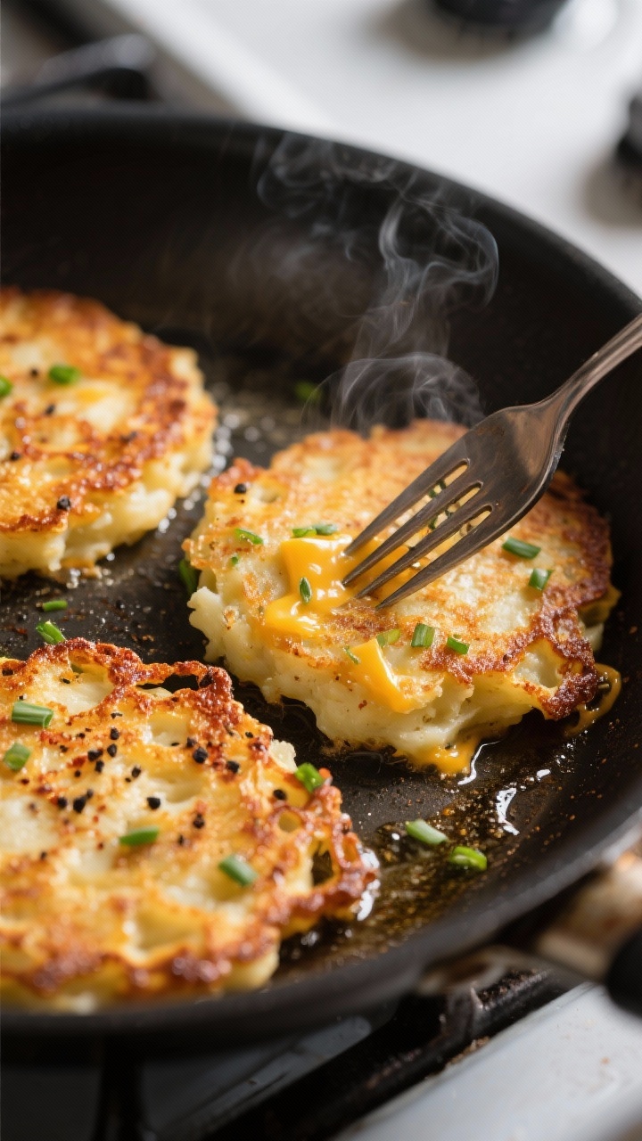 Close-up detail: Crispy mashed potato pancakes sizzling in a nonstick skillet, deeply golden lacey e
