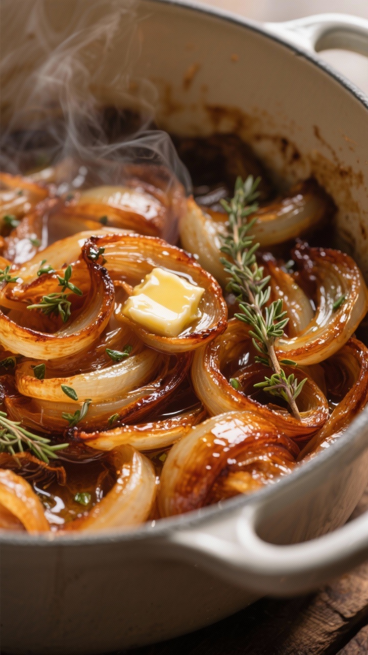 “Classic French Onion Soup That Feels Like a Warm Hug” — The Cozy, Caramelized Bowl You’ll Brag About Close-up detail: Deep-amber caramelized onions in a heavy enameled pot, glossy with butter and olive