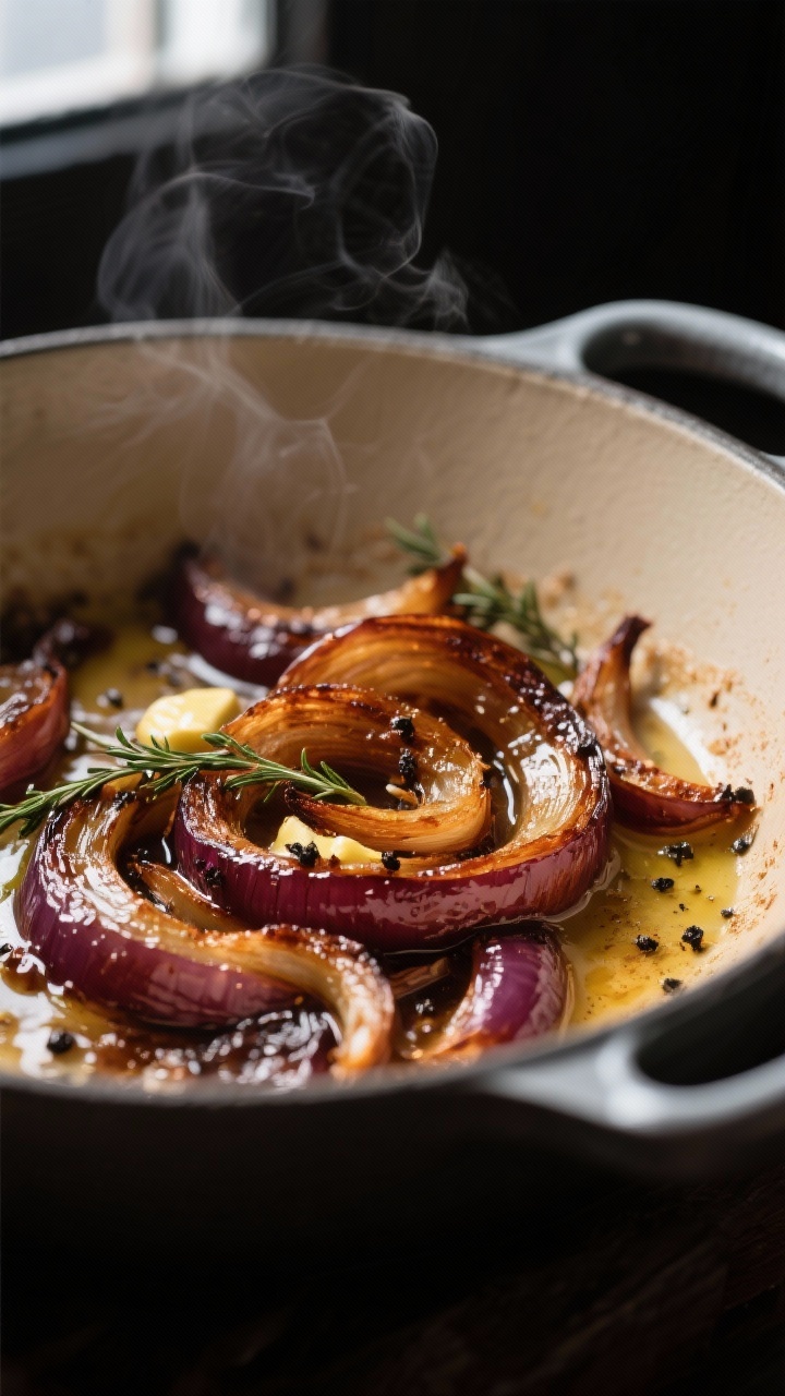 Close-up detail: Deeply caramelized sliced onions in a Dutch oven, glossy mahogany strands with jamm