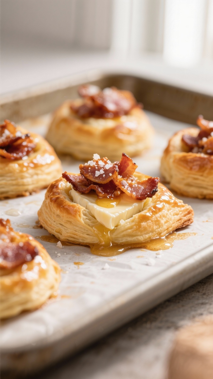 Close-up detail: Freshly baked Maple-Bacon Brie Bites just out of the oven, puff pastry golden and f
