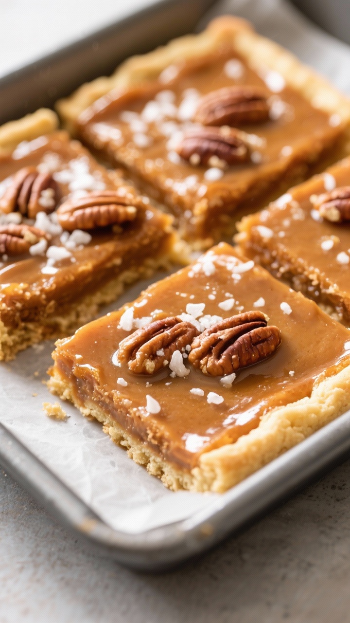 Close-up detail: Freshly baked Salted Maple Pecan Pie Bars just out of the pan, glossy maple-pecan f
