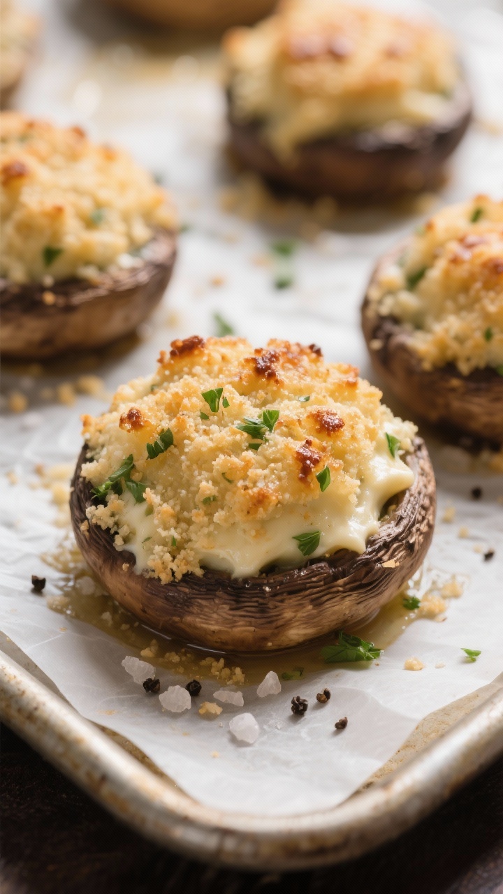 Close-up detail: Garlic-herb stuffed cremini mushrooms just out of the oven, golden-browned breadcru