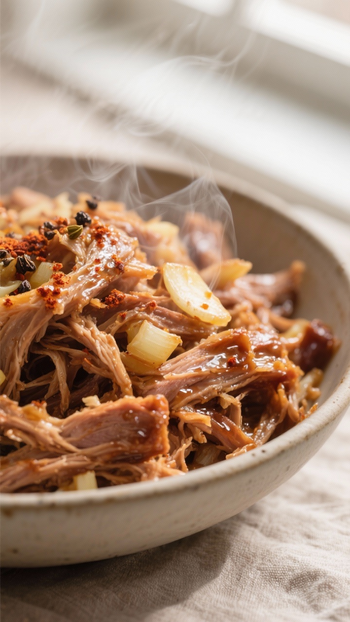 Close-up detail: Glossy strands of apple cider pulled pork just shredded in a wide bowl, steam risin