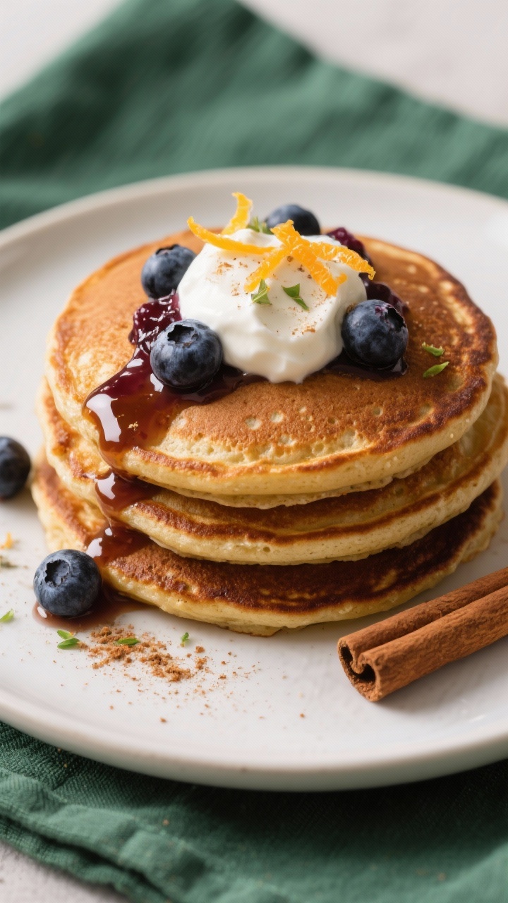 Healthy Christmas Breakfast Ideas for a Balanced Holiday Start: 7 Festive Plates That Taste Like Indulgence (But Aren’t) Close-up detail: Golden-brown Gingerbread Protein Pancakes stacked three high, edges crisp with tiny
