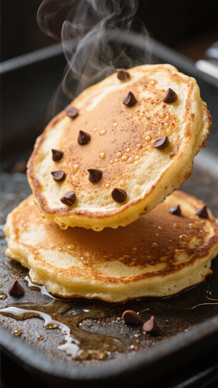 Close-up detail: Golden buttermilk pancake mid-flip on a greased griddle, edges set with tiny poppin