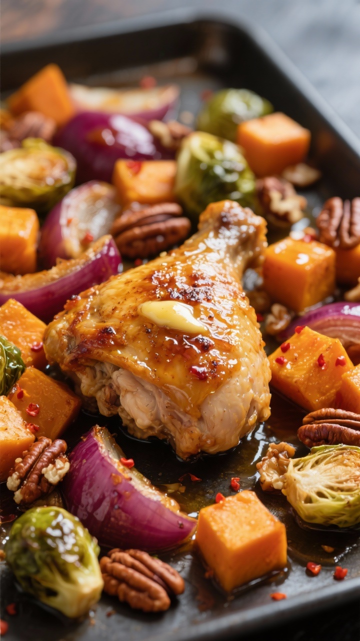 Cozy Fall One-Pan Dinners You’ll Want All Season: The Lazy-Genius Way to Win Weeknights Close-up detail: Golden, crispy-skinned roasted chicken thigh nestled among caramelized butternut sq