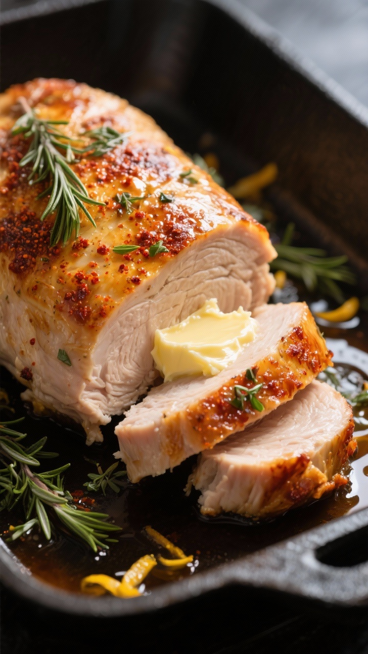 Juicy Herb Butter Roasted Turkey Recipe That Breaks the Internet (and Your Guests’ Silence) Close-up detail: Juicy herb-butter roasted turkey breast skin, deeply golden and crisp with visible