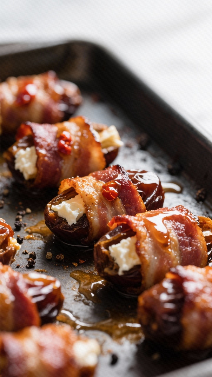 Close-up detail: Maple-Sriracha bacon-wrapped dates just out of the oven, bacon crisped and lacquere
