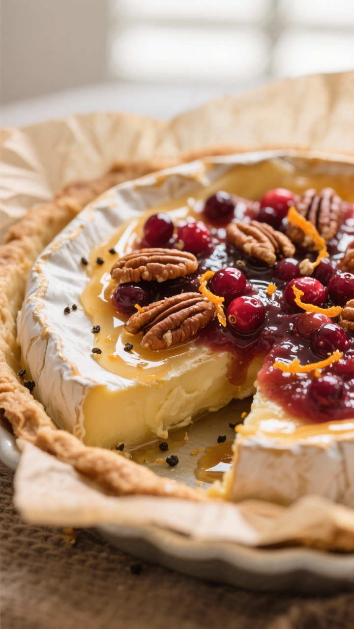 Stop Scrolling: The Baked Brie with Cranberry and Pecans That Steals Every Party Close-up detail: Melted baked Brie just out of the oven with a glossy layer of whole-berry cranberry