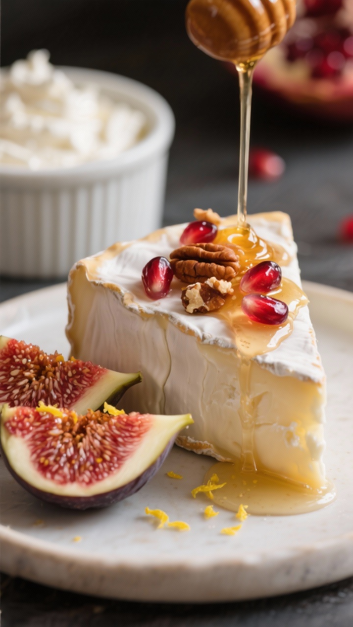 Close-up detail of brie and fig “bling” moment: a wedge of creamy brie topped with a slow drizzl