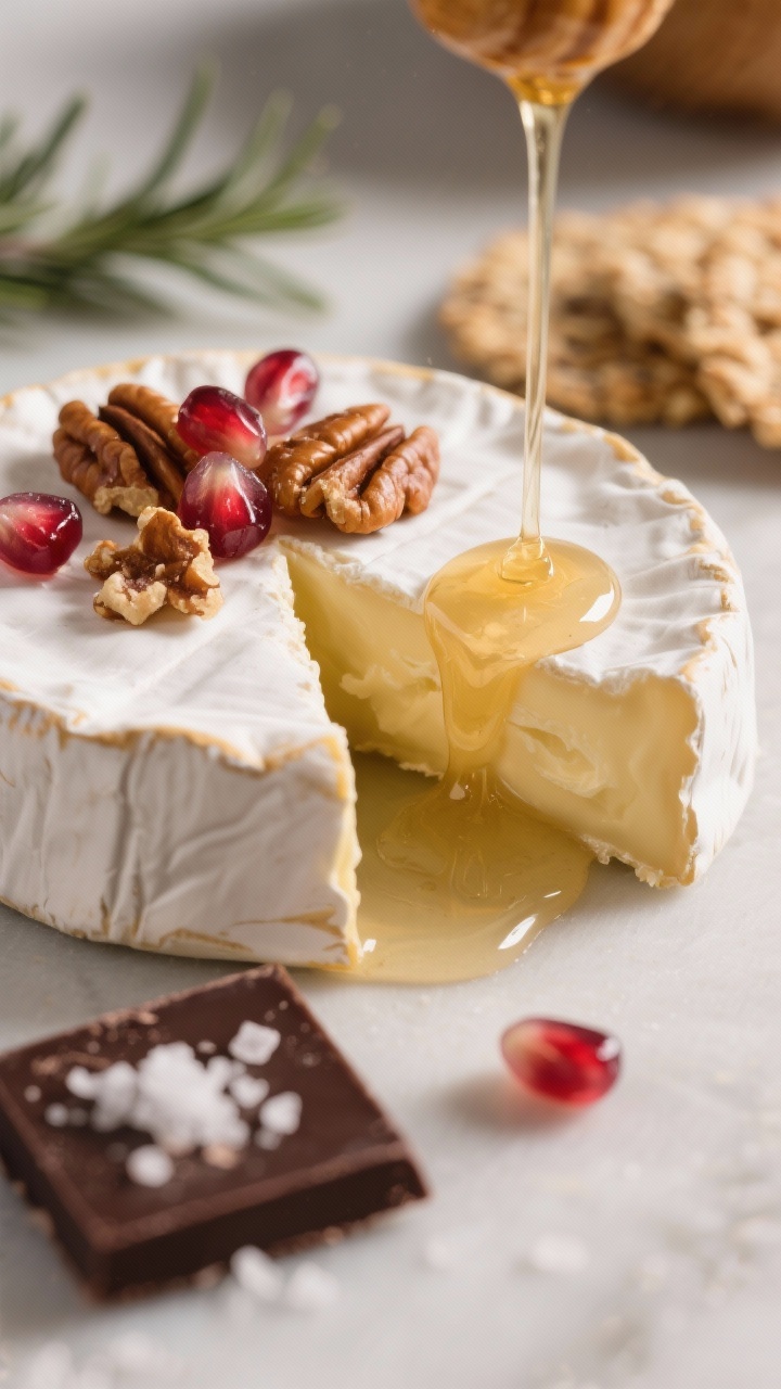 Festive Thanksgiving Charcuterie Board Ideas: The Showstopping Grazing Platter Your Guests Won’t Stop Talking About Close-up detail of Brie with honey drizzle: a creamy triple-cream Brie wheel with one generous wedge