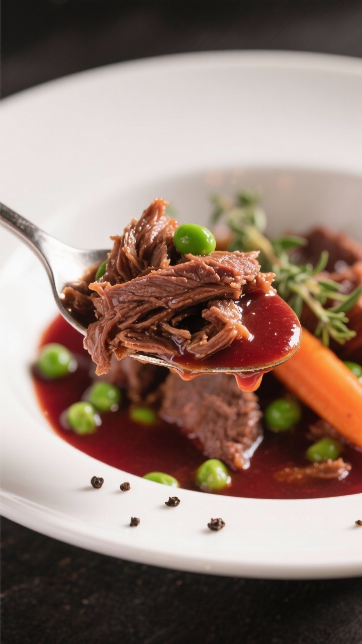 Close-up detail of finish: Spoon lifting a generous bite from the bowl—shreddable beef fibers glis