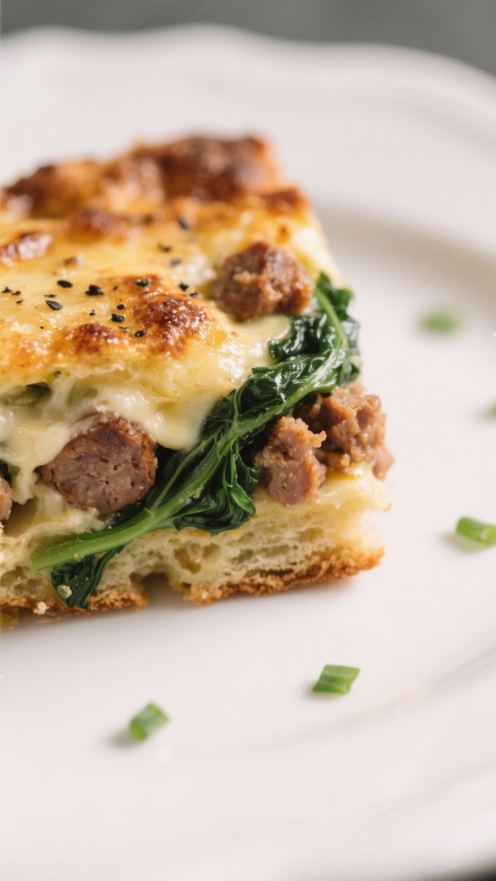 Make-Ahead Christmas Breakfast Recipes for Stress-Free Mornings: 3 Overnight Winners You’ll Pop in the Oven and Take All the Credit For Close-up detail of the Savory Sausage, Spinach & Gruyère Strata slice: layers of custard-soaked cou
