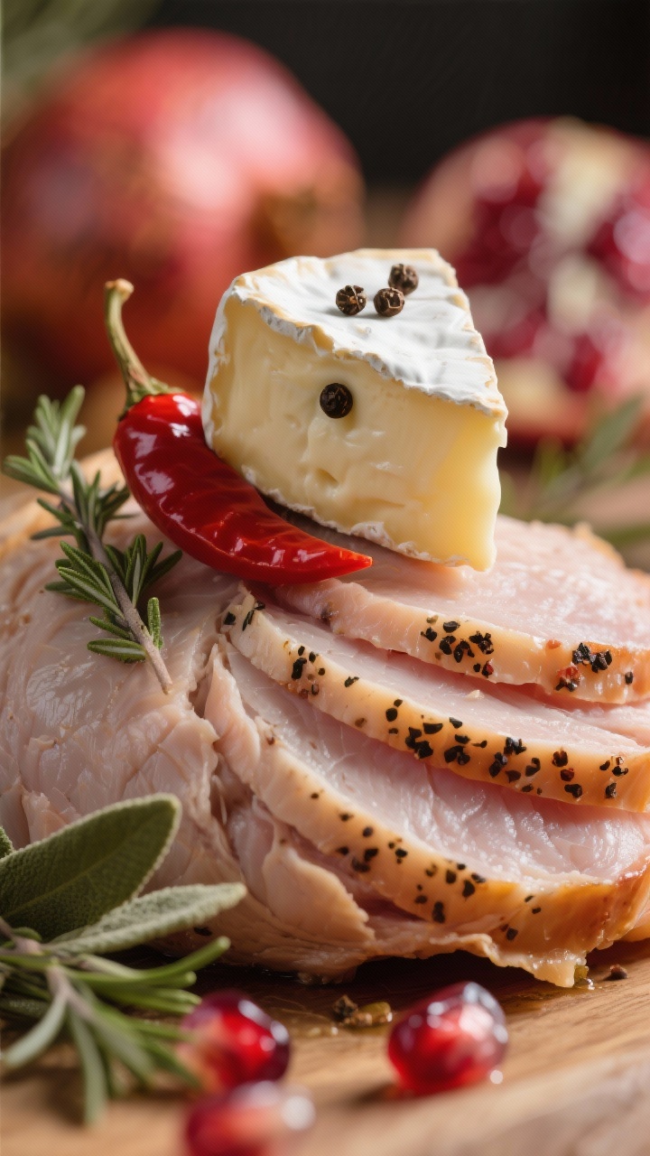 Close-up detail of the turkey “head and chest” area: mini brie as the head with peppercorn eyes,