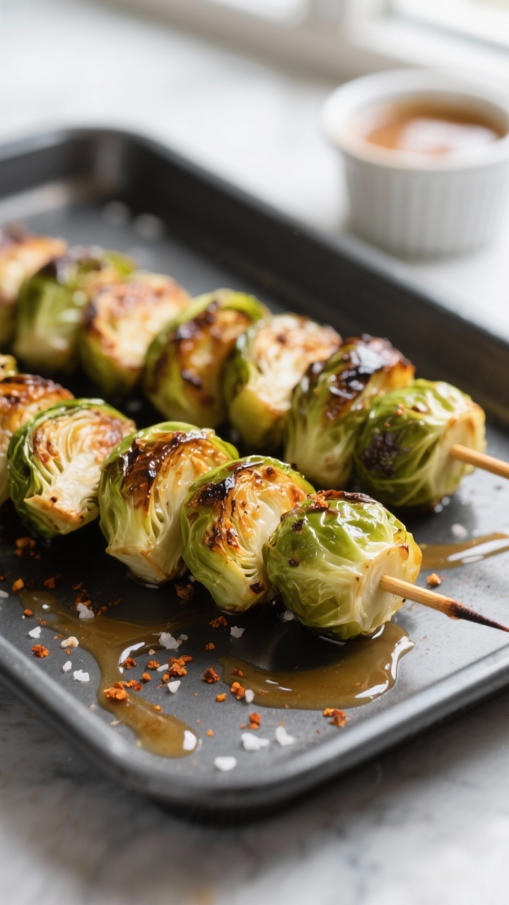Healthy Fall Appetizers That Don’t Compromise on Flavor: Cozy Bites You’ll Brag About All Season Close-up detail: Roasted Brussels sprouts skewers just out of the oven, cut sides deeply caramelized