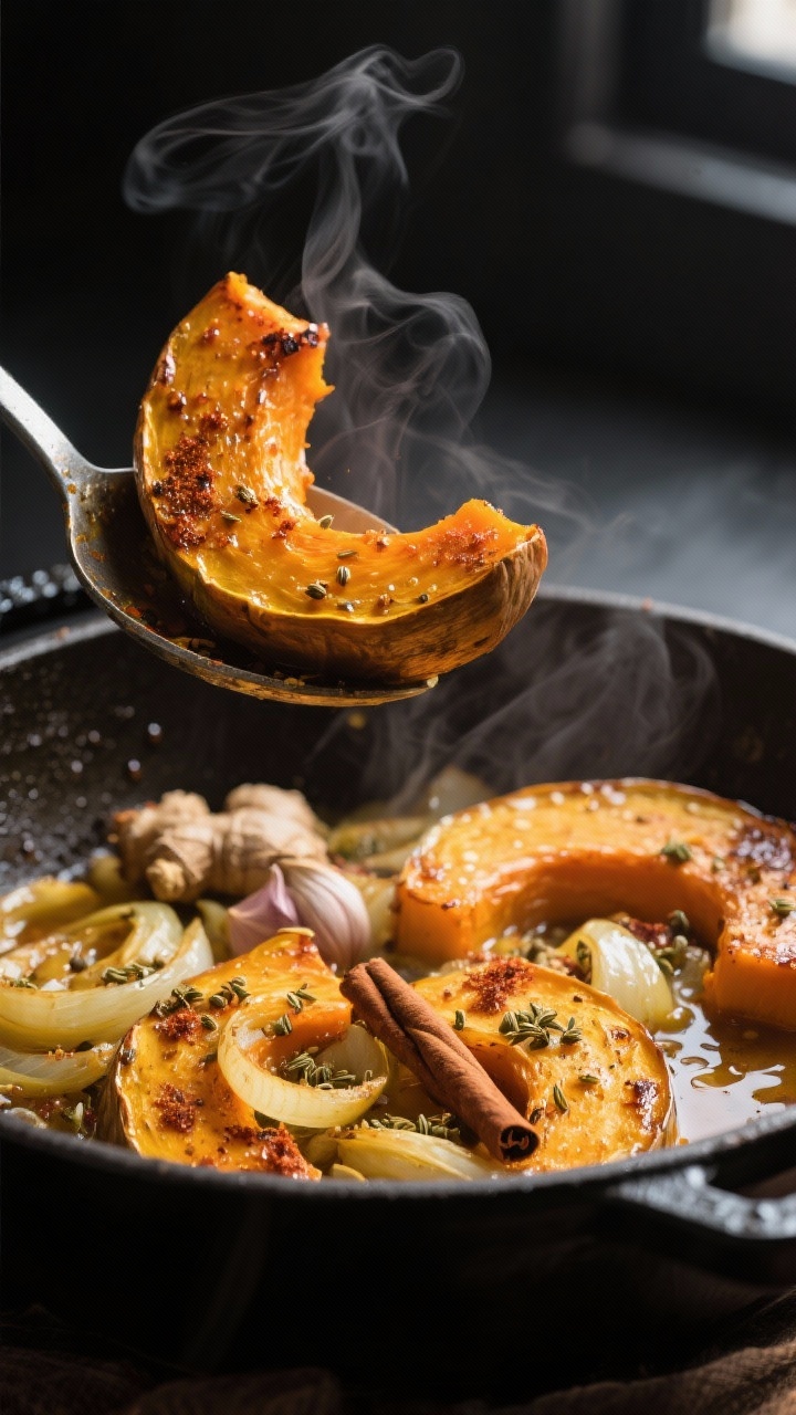 Close-up detail: Roasted pumpkin wedges just scooped and added to a Dutch oven with sautéed golden 