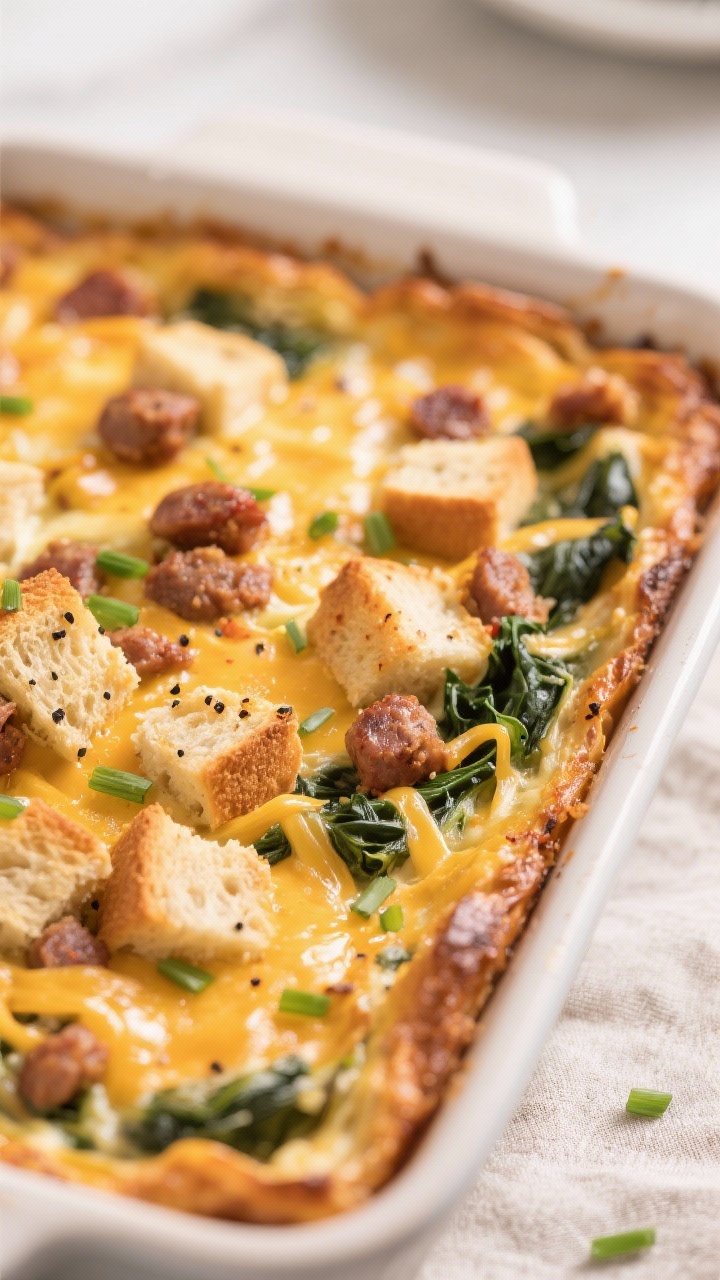 Close-up detail: Savory Sausage, Spinach, and Cheddar Breakfast Casserole just out of the oven, show
