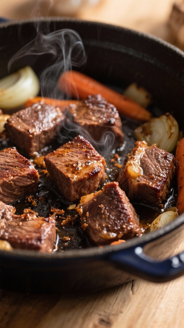 Hearty Beef & Barley Stew for Cold Winter Days: The One-Pot Powerhouse That Makes Winter Worth It Close-up detail: Searing beef chuck cubes in a Dutch oven, deeply caramelized crust with visible fon