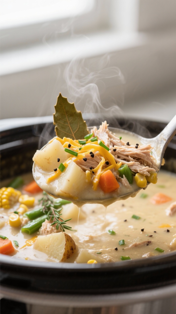 Close-up detail shot: Creamy Turkey Potato Chowder in the slow cooker, a ladle lifting thick, steami