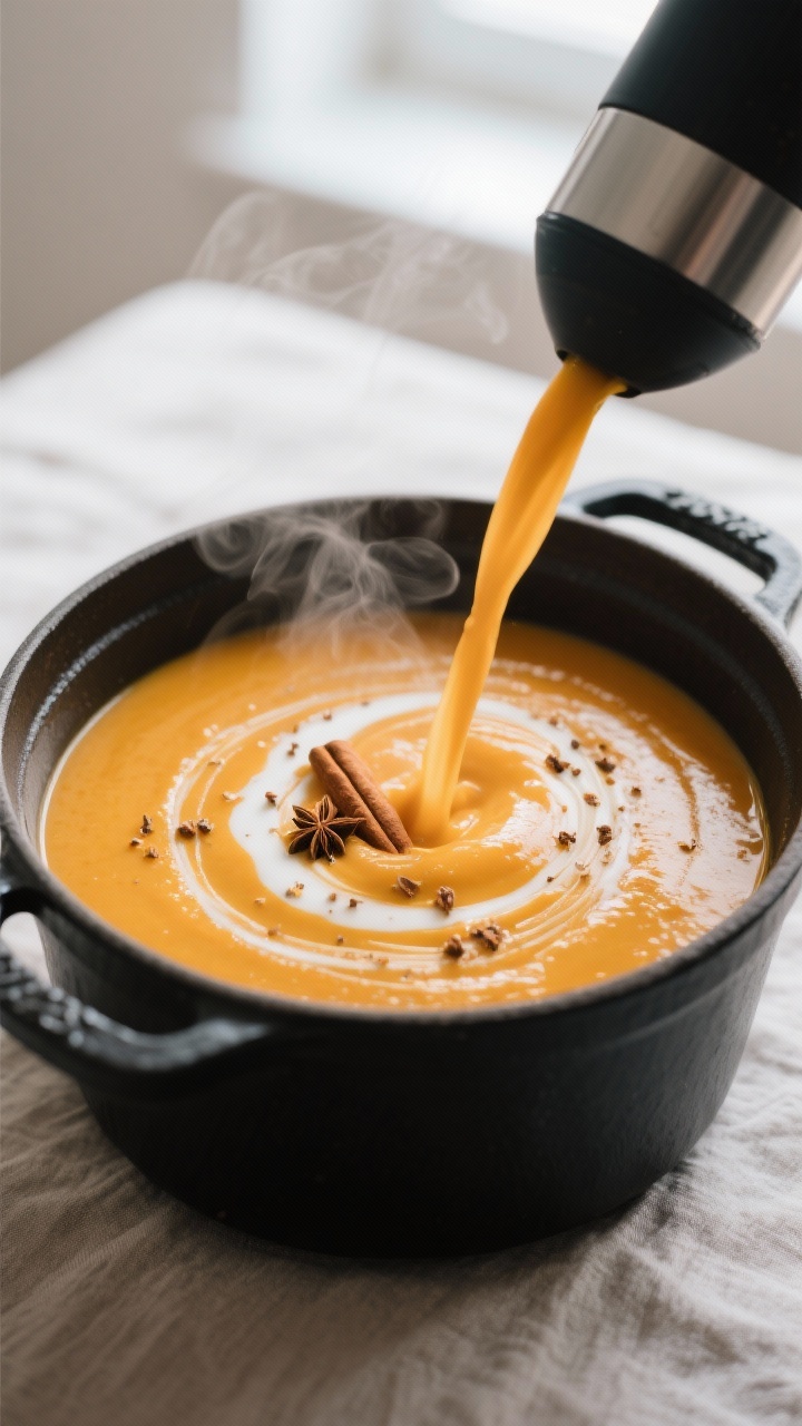 Creamy Butternut Squash Soup for Cozy Fall Nights: The Silky, Golden Bowl You’ll Crave All Season Close-up detail: Silky butternut squash soup being poured back into the pot from an immersion blende