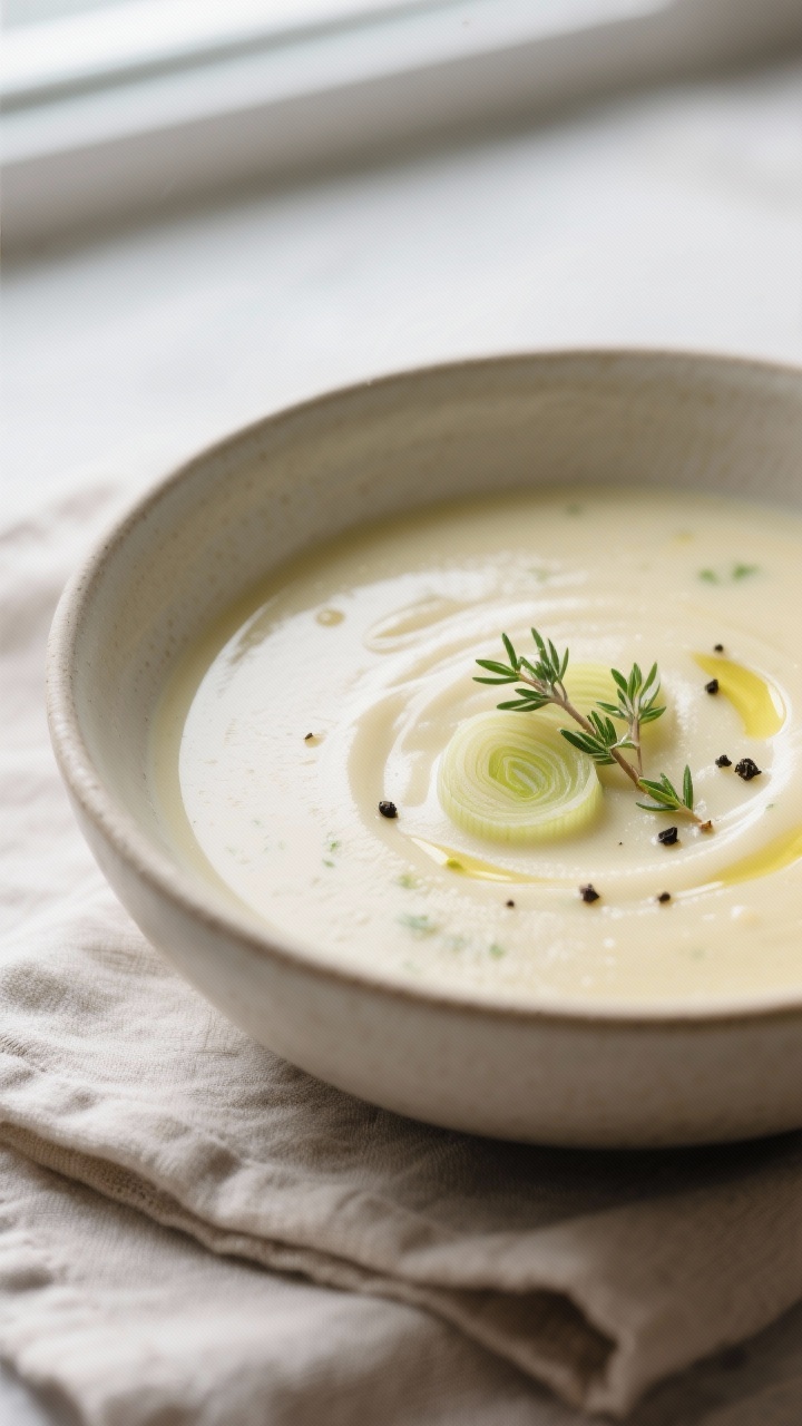 “Comforting Potato & Leek Soup Made Simple” — The 25-Minute Hug Your Weeknight Needs Close-up detail: Silky potato and leek soup just after blending, ultra-creamy texture with tiny leek