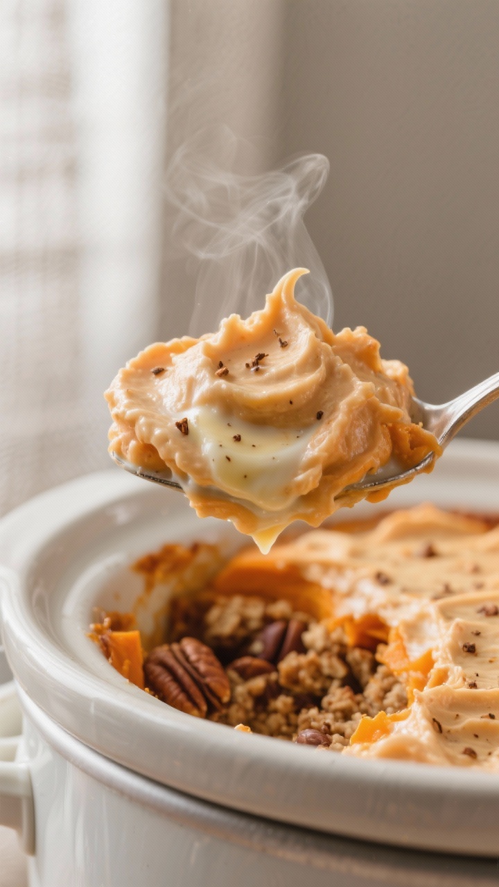 Close-up detail: Spoonful of whipped sweet potato casserole lifted from a slow cooker, showing silky