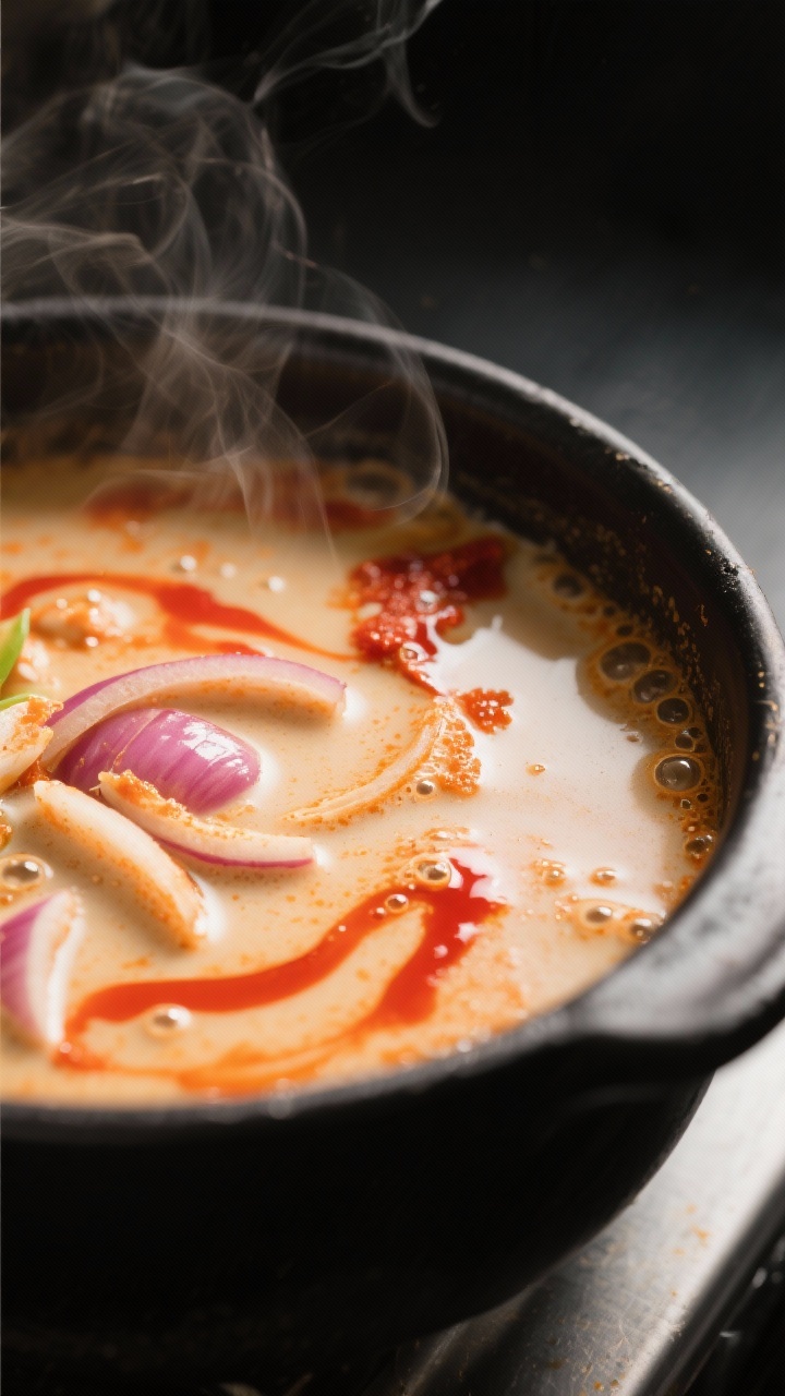 Thai Coconut Curry Soup for Spicy Cozy Vibes: The 20-Minute Comfort Bowl You’ll Crave All Week Close-up detail: Thai coconut curry soup base at a gentle simmer in a matte black pot, showing silky