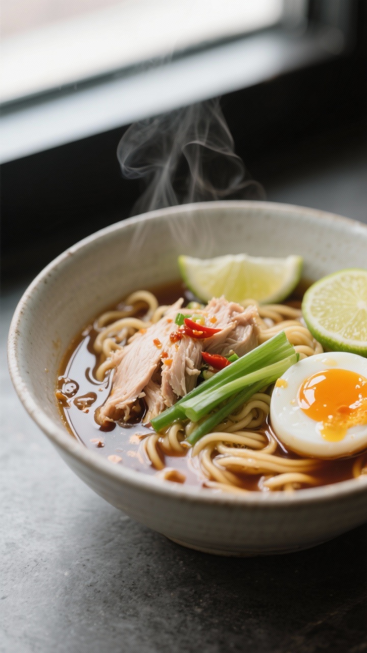 10 Creative Ways to Use Leftover Turkey After Thanksgiving: Zero Waste, Maximum Flavor, and Absolutely No Boring Sandwiches Close-up detail: Turkey ramen hack with glossy soy-ginger broth and springy noodles, tender shredded