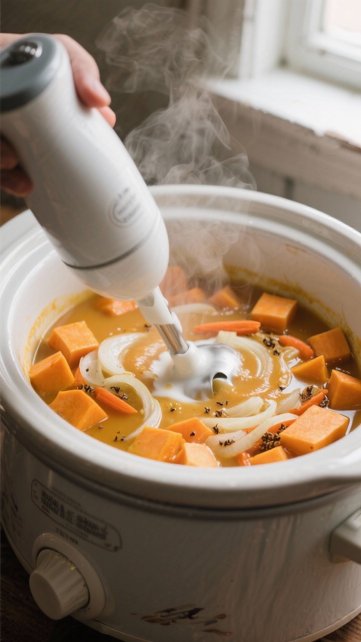 Cooking process: A slow cooker filled with tender, fully cooked butternut squash soup ingredients ju