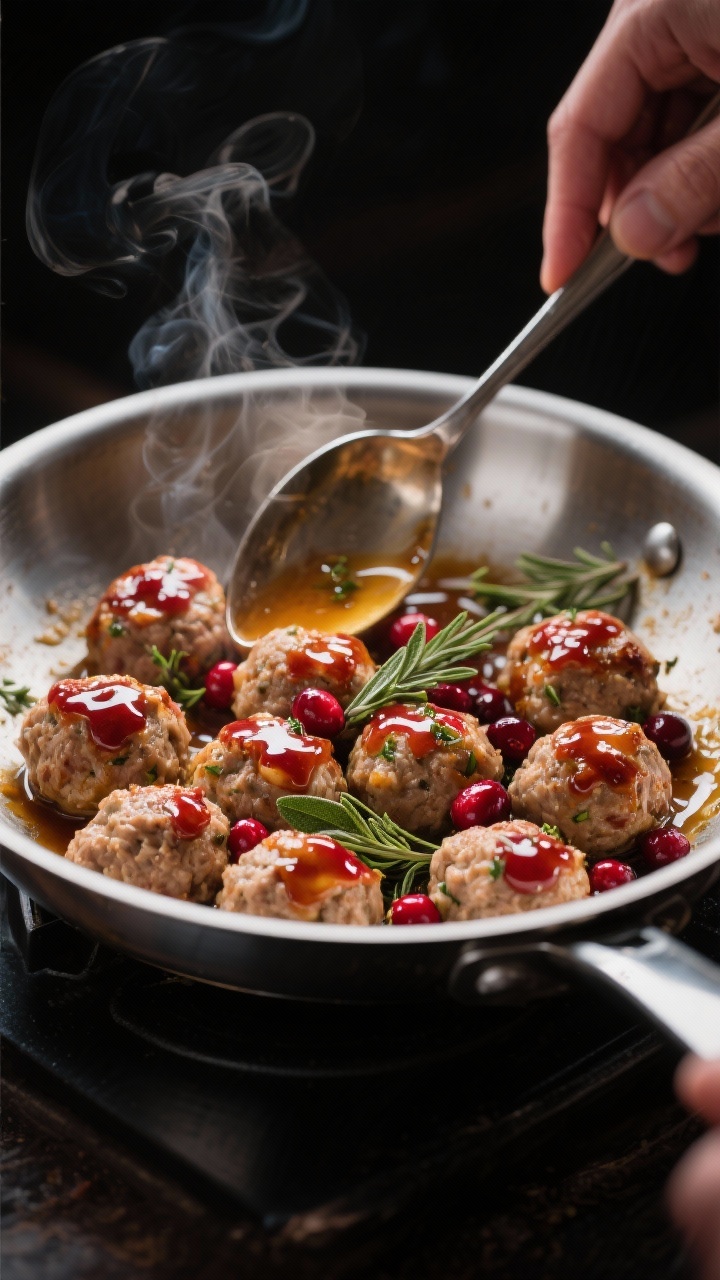 Healthy Fall Appetizers That Don’t Compromise on Flavor: Cozy Bites You’ll Brag About All Season Cooking process: Apple-sage turkey meatballs being tossed in a glossy cranberry–apple cider vinega