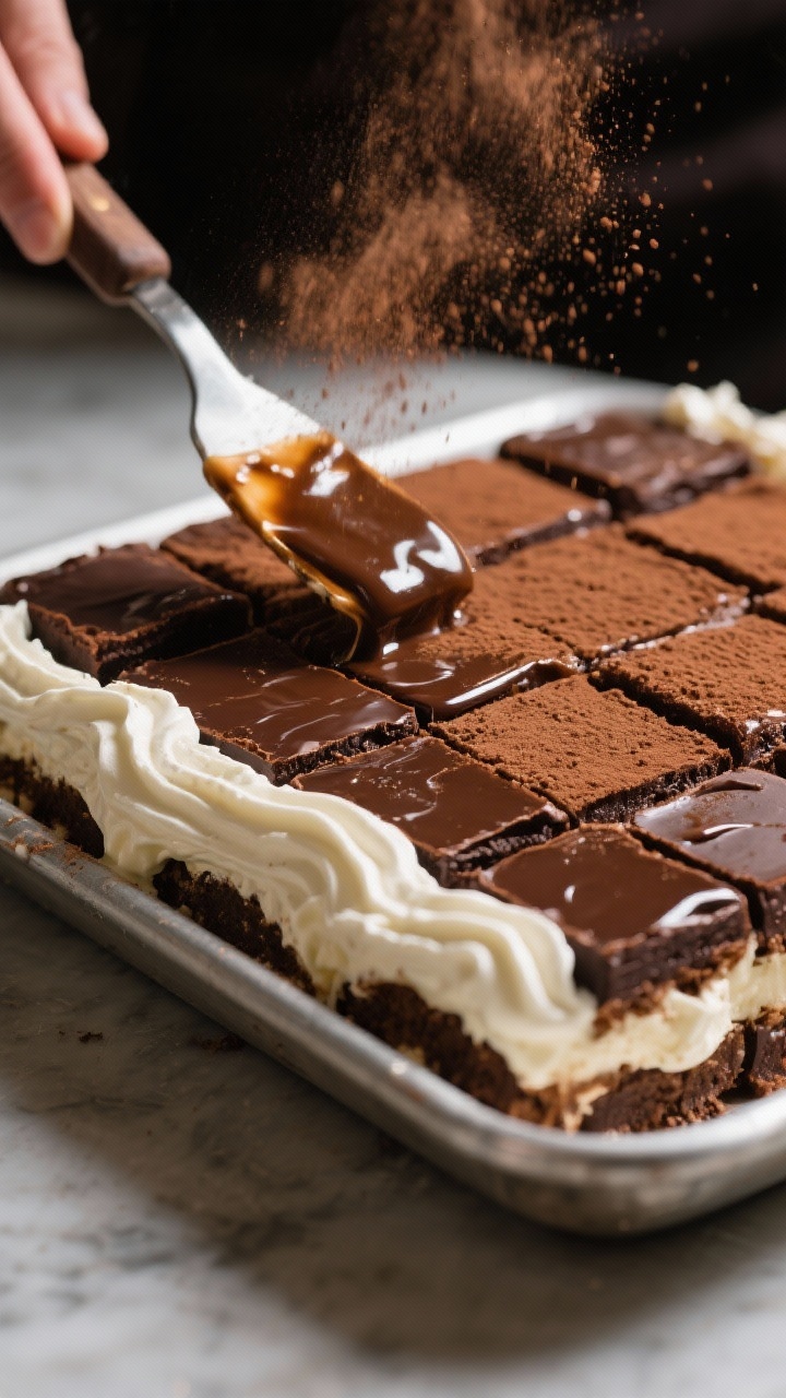 Cooking process: Brownie tiramisu assembly—close-up of brownie slabs being brushed with glossy cof