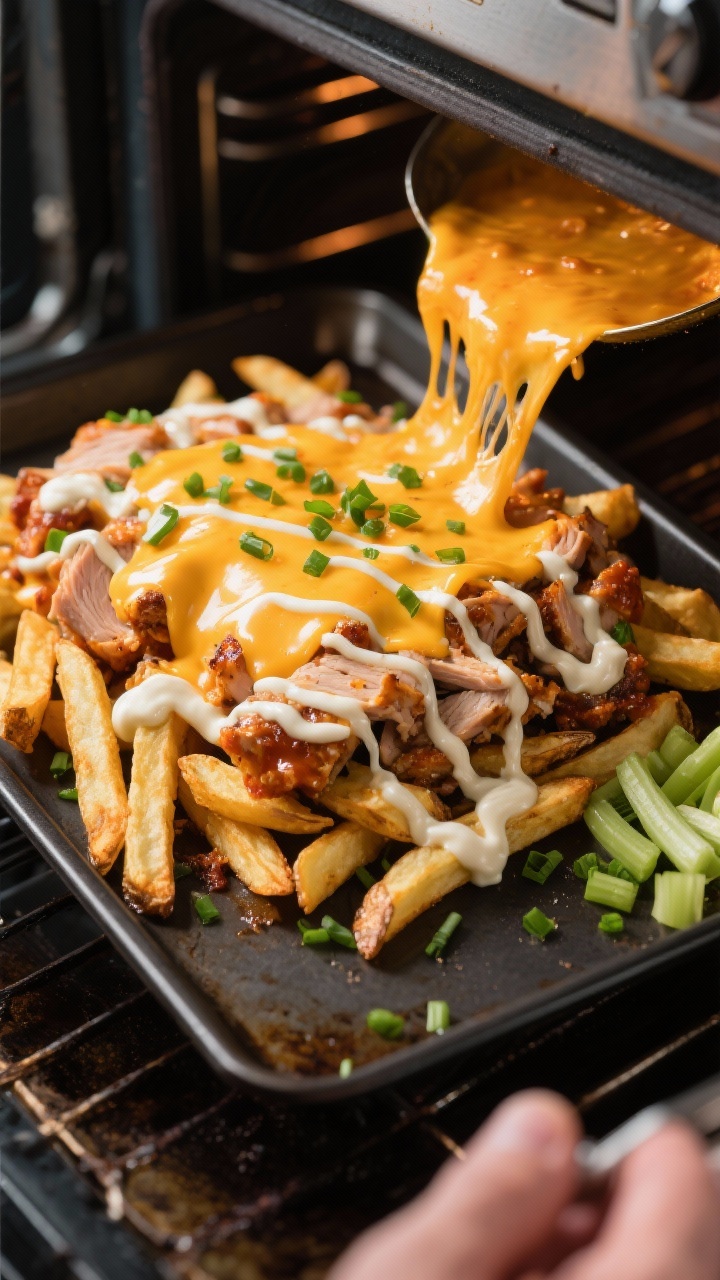 10 Creative Ways to Use Leftover Turkey After Thanksgiving: Zero Waste, Maximum Flavor, and Absolutely No Boring Sandwiches Cooking process: Buffalo turkey loaded fries being finished under a broiler—golden-crisp fries top