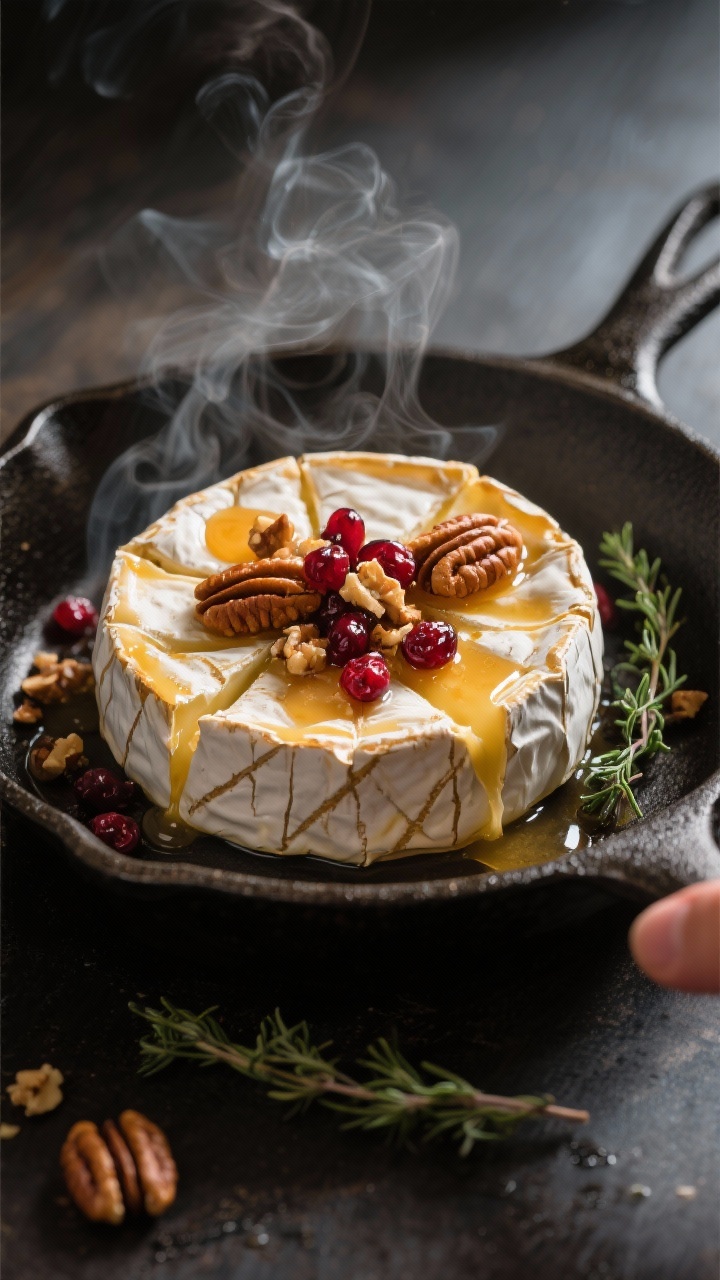 Cooking process: Cast-iron skillet of baked brie being finished right after baking—rind crosshatch