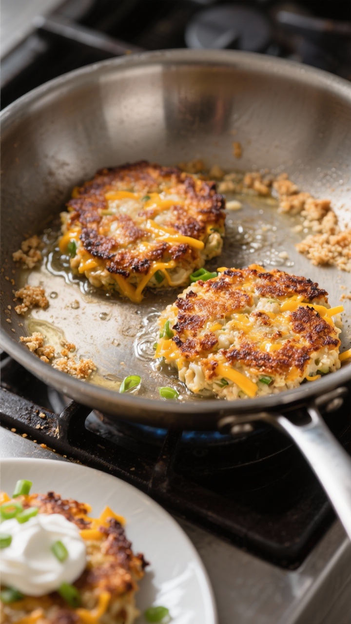 Leftover Stuffing Makeovers You’ll Actually Crave: 9 Outrageously Good Ways to Turn Yesterday Into “Wait, What Is This?!” Cooking process: Cheesy stuffing fritters sizzling in a stainless skillet, two patties mid-sear with