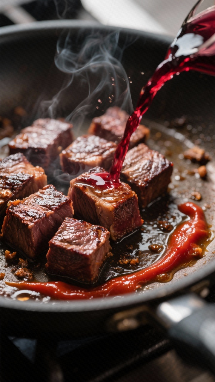 Cooking process close-up: Cubes of seared beef chuck in a skillet, deeply browned with a mahogany cr