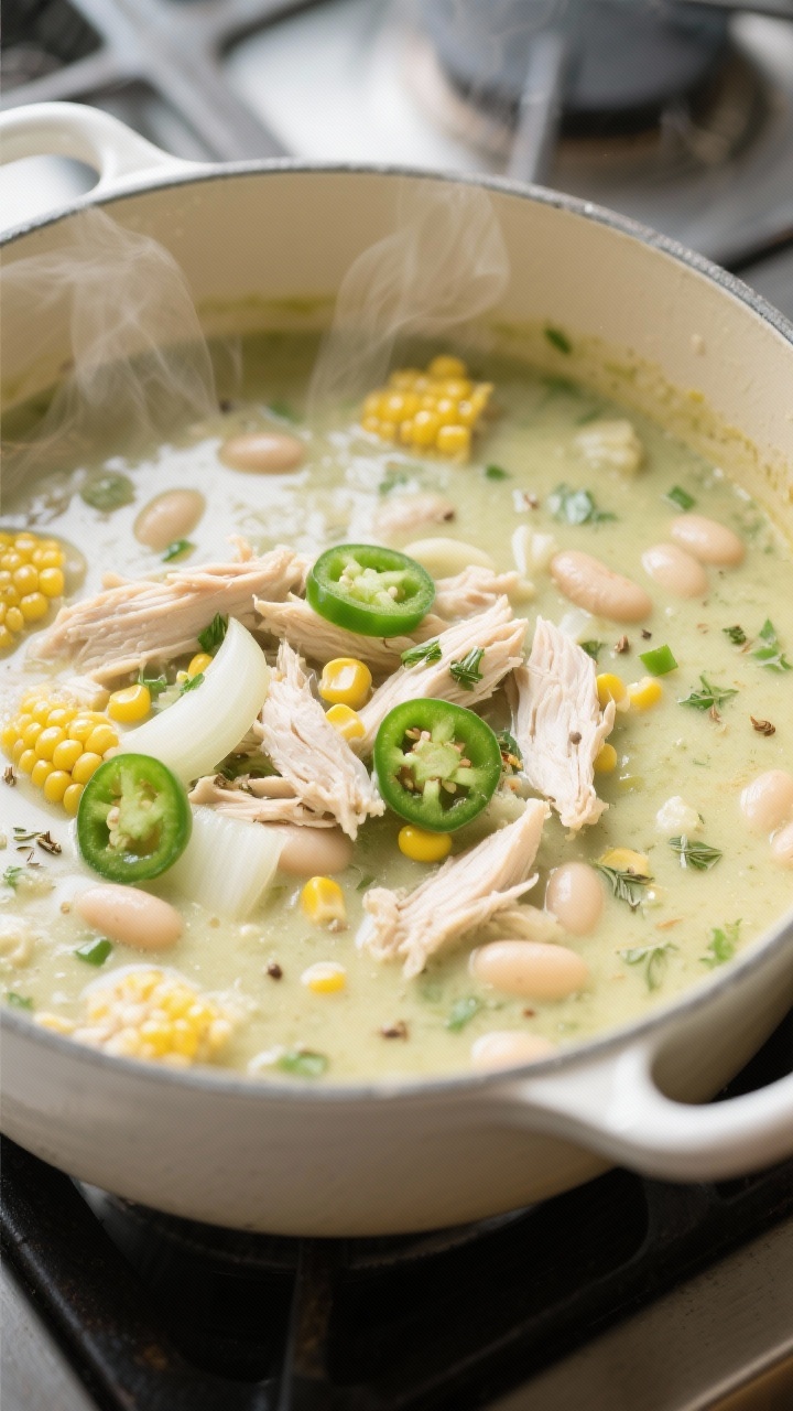 Cooking process — Close-up of white chicken chili simmering in a wide, enameled Dutch oven: tender