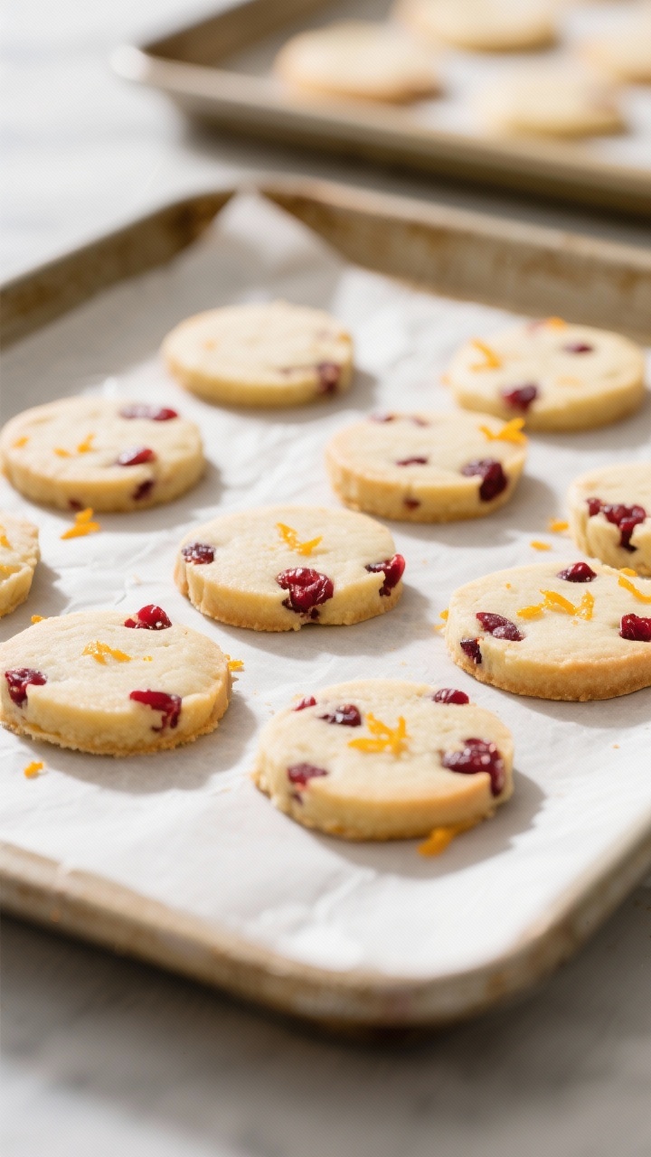 Cooking process: Cranberry-Orange Shortbread Cookies sliced and arranged on a parchment-lined baking