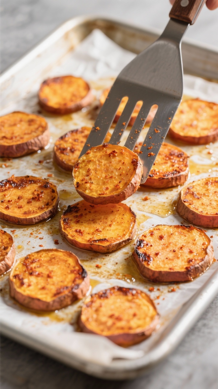 Cooking process: Crispy Sweet Potato Rounds mid-roast on a parchment-lined sheet pan, edges visibly 
