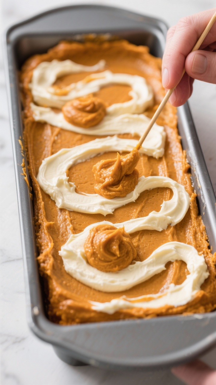 Cooking process: Layering the magic—overhead three-quarter angle of the loaf pan mid-assembly with